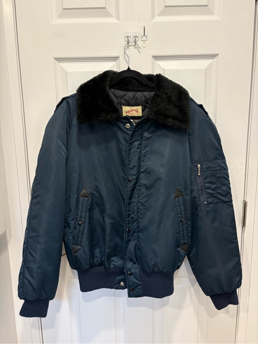 Golden Bay Vintage Men's Navy Bomber Jacket with Black Faux Fur Collar
